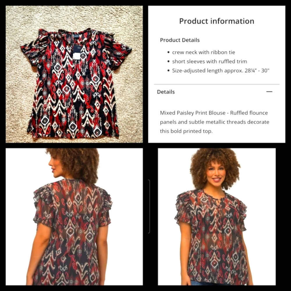 NWT Ulla Popken Mixed Paisley Print Ruffle Sleeve Blouse Size 14 - Picture 2 of 13